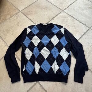 J.Crew Mens XL Argyle V-Neck Sweater Navy Blue Cotton Cashmere Blend